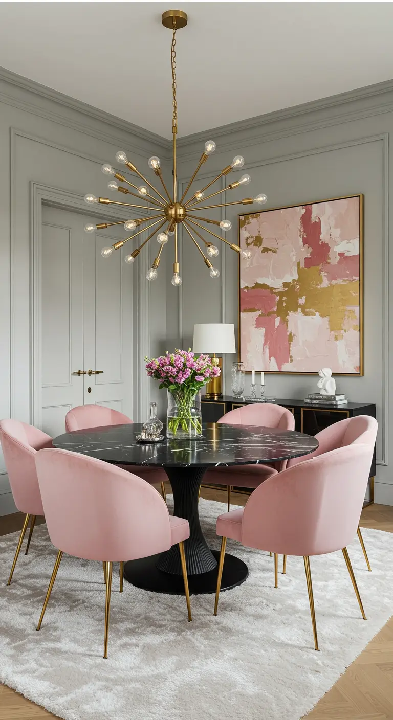 Comedor moderno con sillas de terciopelo rosa, mesa redonda de mármol negro y lámpara sputnik dorada
