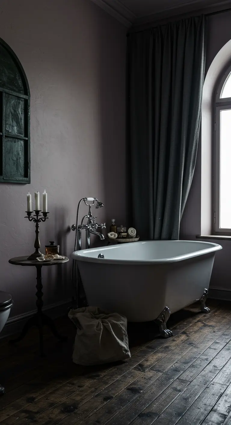 Baño de estilo gótico romántico con paredes malva, candelabro y cortina oscura.