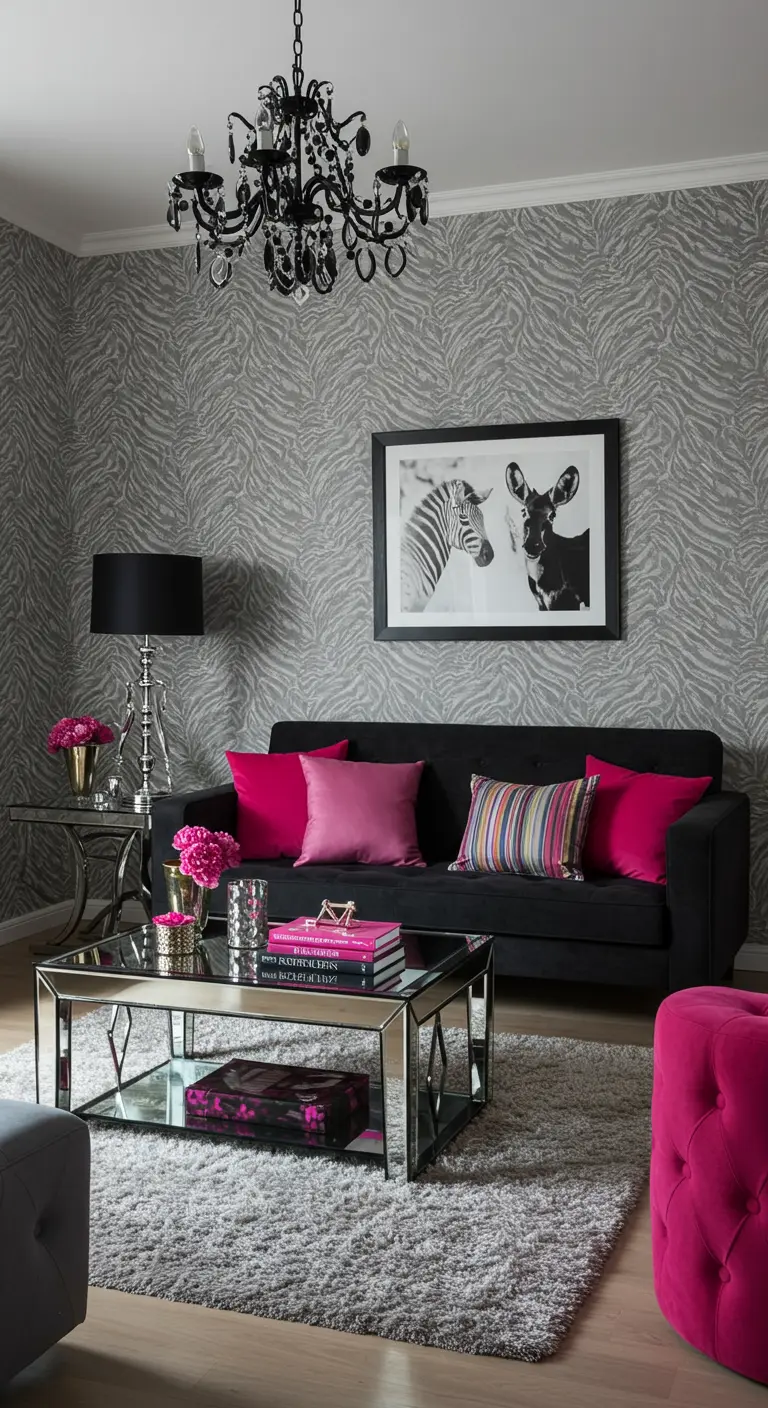Sala de estar glam con papel tapiz de cebra, un sofá negro y vibrantes acentos en color fucsia.