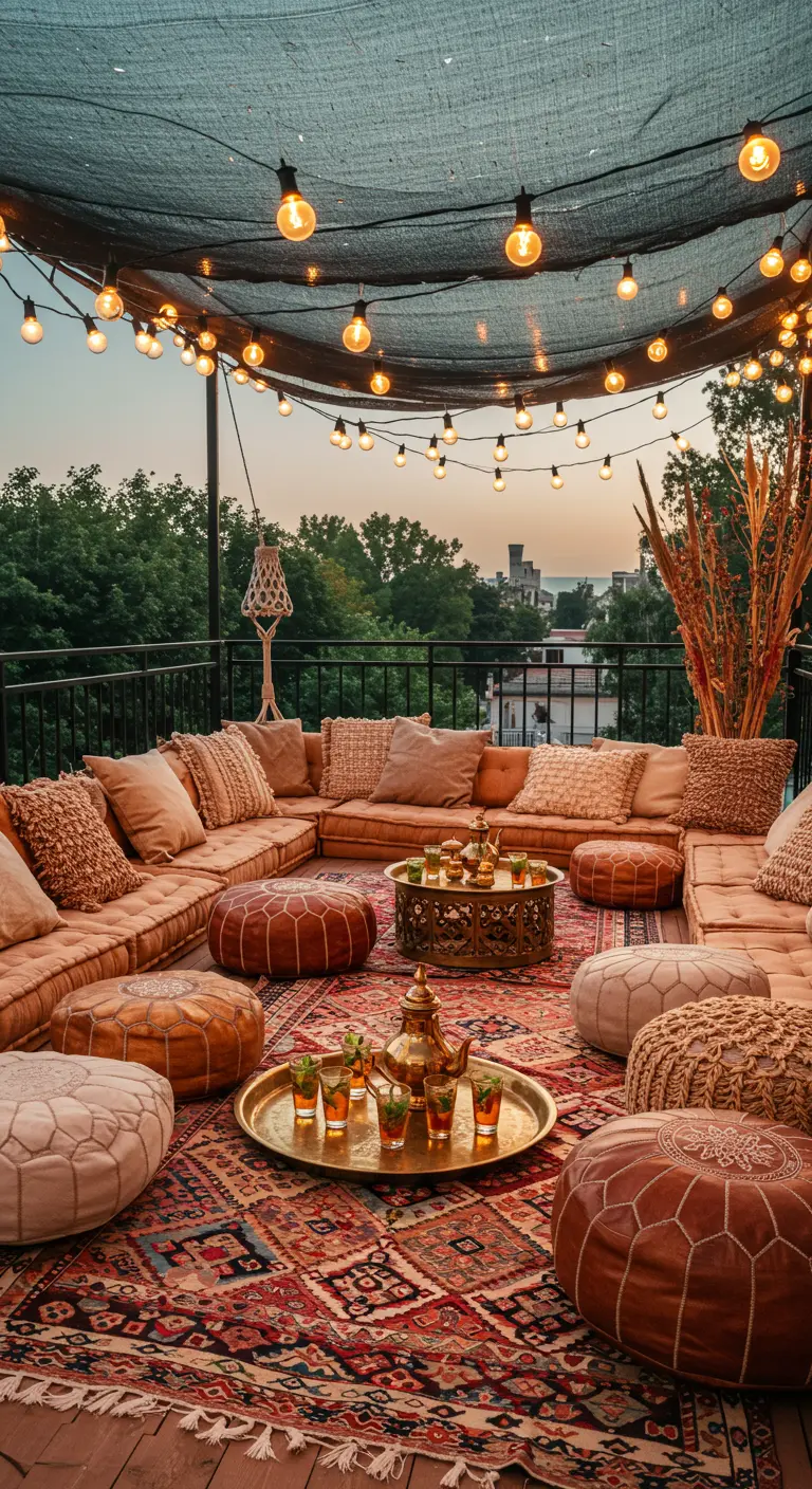Gran terraza de estilo marroquí con sofás bajos, pufs, alfombra persa y un dosel de tela con luces.
