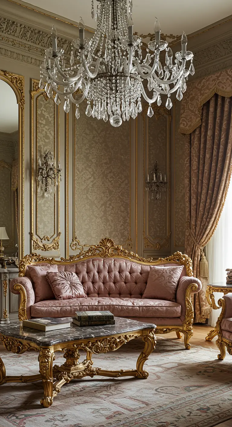 Sala de estar estilo rococó con sofá rosa capitoné, molduras doradas y candelabro de cristal.