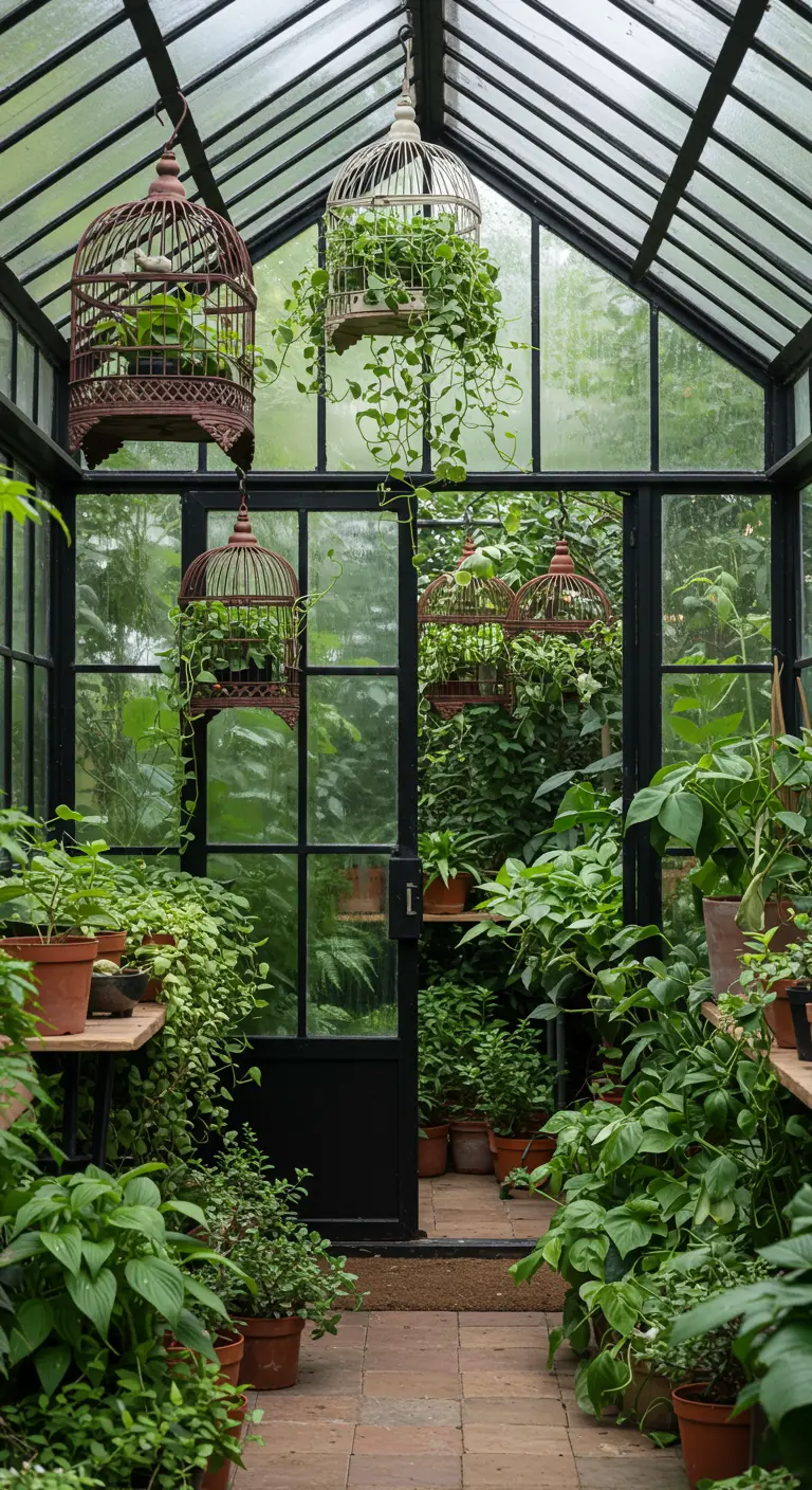 Invernadero de cristal y metal negro con varias jaulas de pájaros colgantes llenas de plantas.