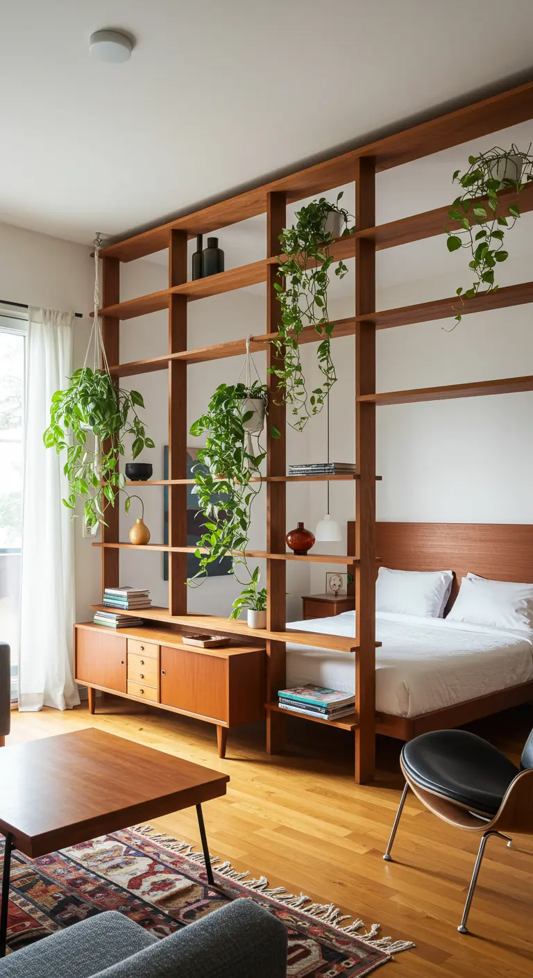 Una estantería de madera abierta que funciona como separador de ambientes, llena de libros y plantas colgantes.