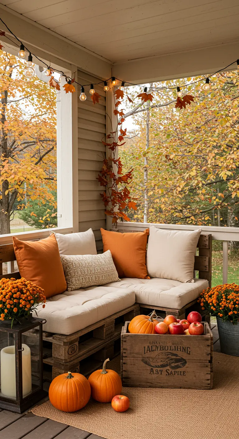 Sofá esquinero hecho con palets en un porche, con cojines de color hueso y naranja, y calabazas.