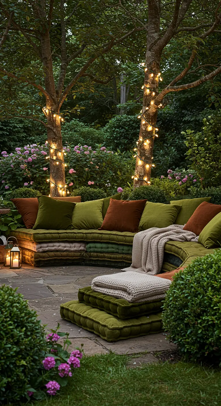 Sofá de cojines de terciopelo verde en un patio de piedra rodeado de árboles con luces.