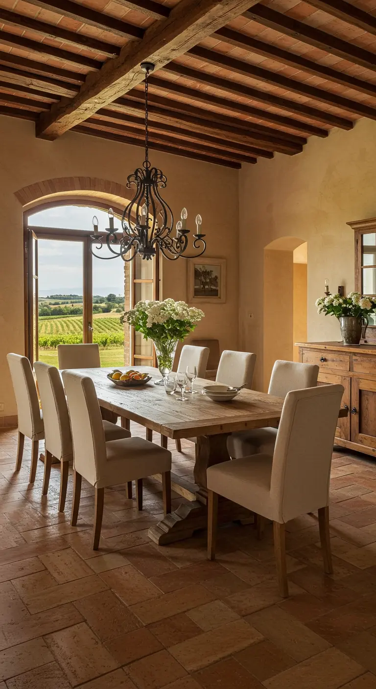 Comedor rústico con vigas de madera, mesa grande y sillas tapizadas en lino color crema.