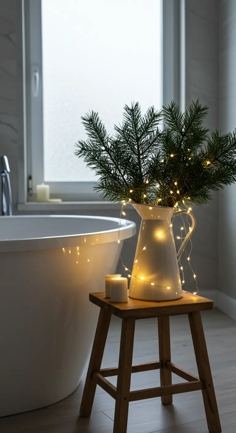 Ramas de pino en una jarra blanca junto a una bañera, decoradas con luces y velas.