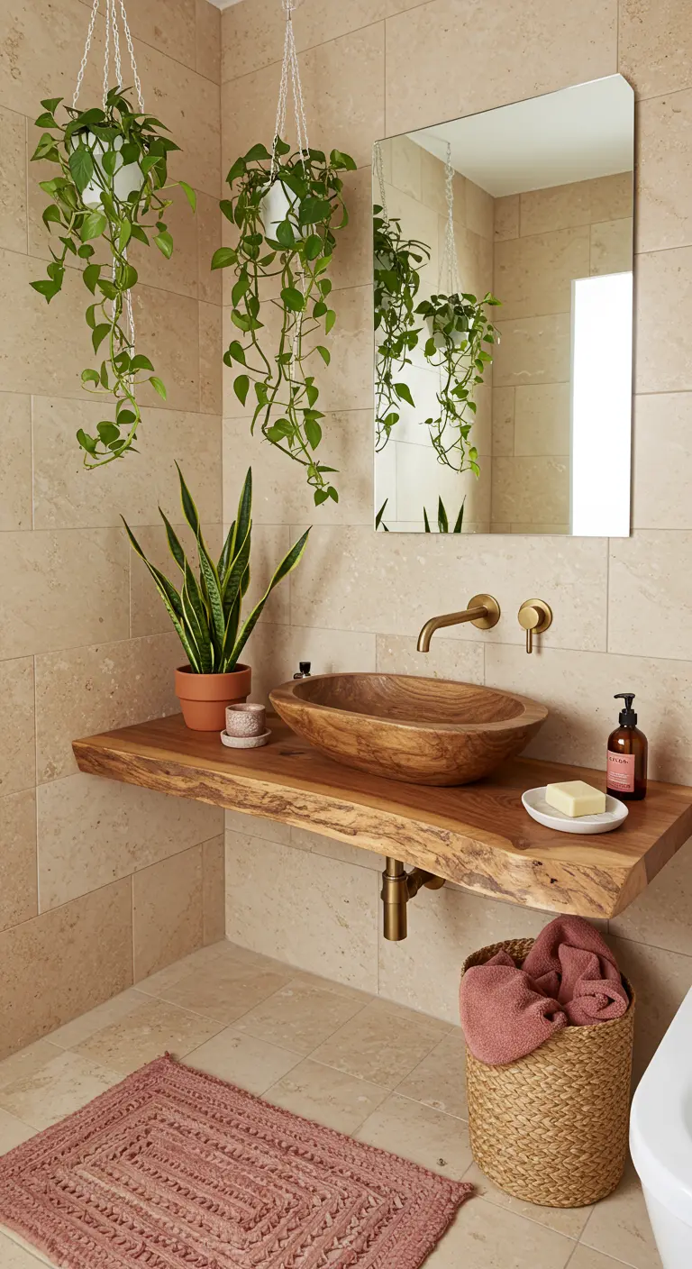 Baño tipo spa con lavabo de madera, encimera de borde vivo y plantas colgantes.