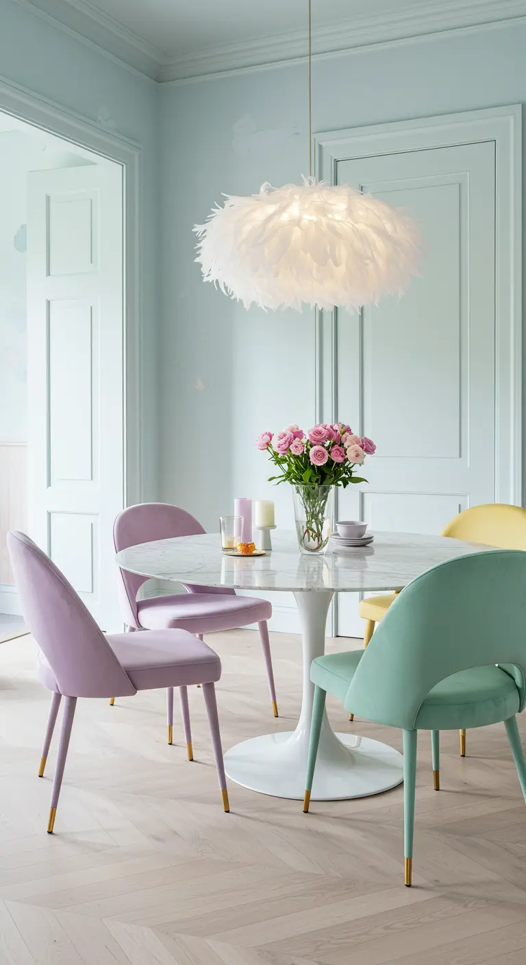 Comedor de ensueño con sillas de terciopelo en tonos pastel y una lámpara de plumas blancas