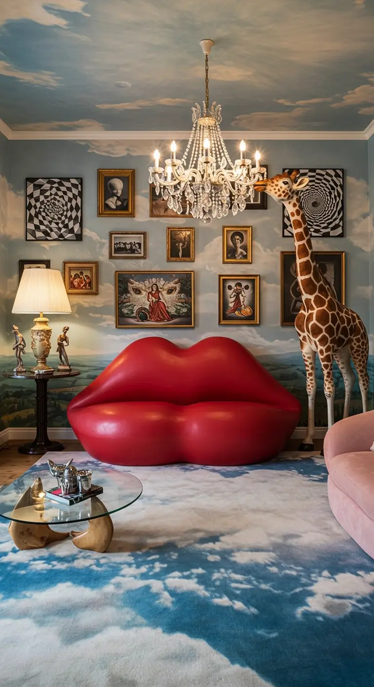Sala de estar surrealista con sofá en forma de labios rojos, jirafa y papel pintado de nubes.