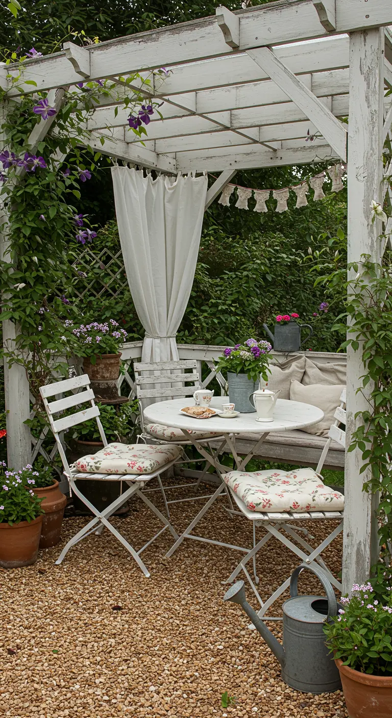 Rincón de jardín con pérgola blanca envejecida, mesa de bistró y flores trepadoras.