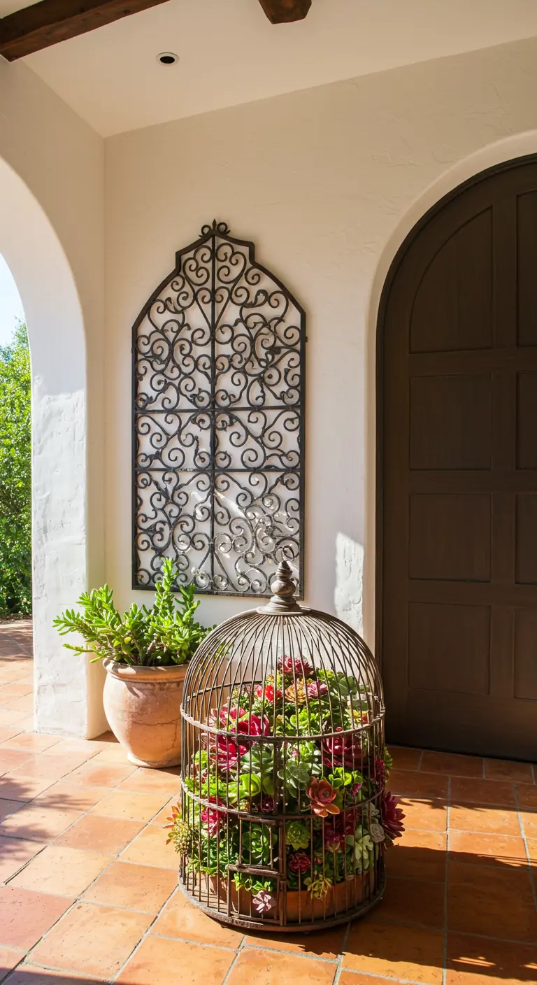 Jaula de pájaros de metal llena de suculentas de colores junto a un adorno de hierro forjado.