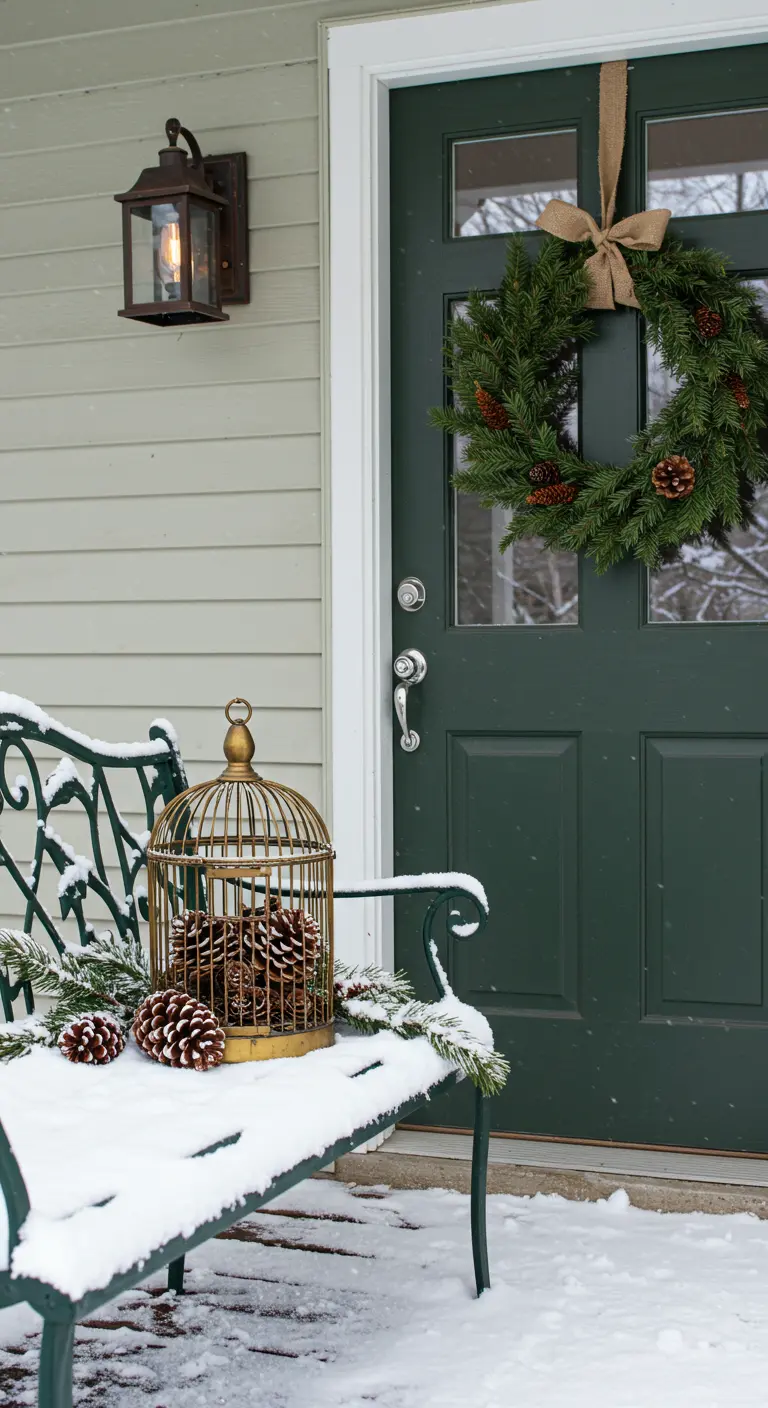 Jaula dorada llena de piñas sobre un banco de hierro forjado cubierto de nieve.