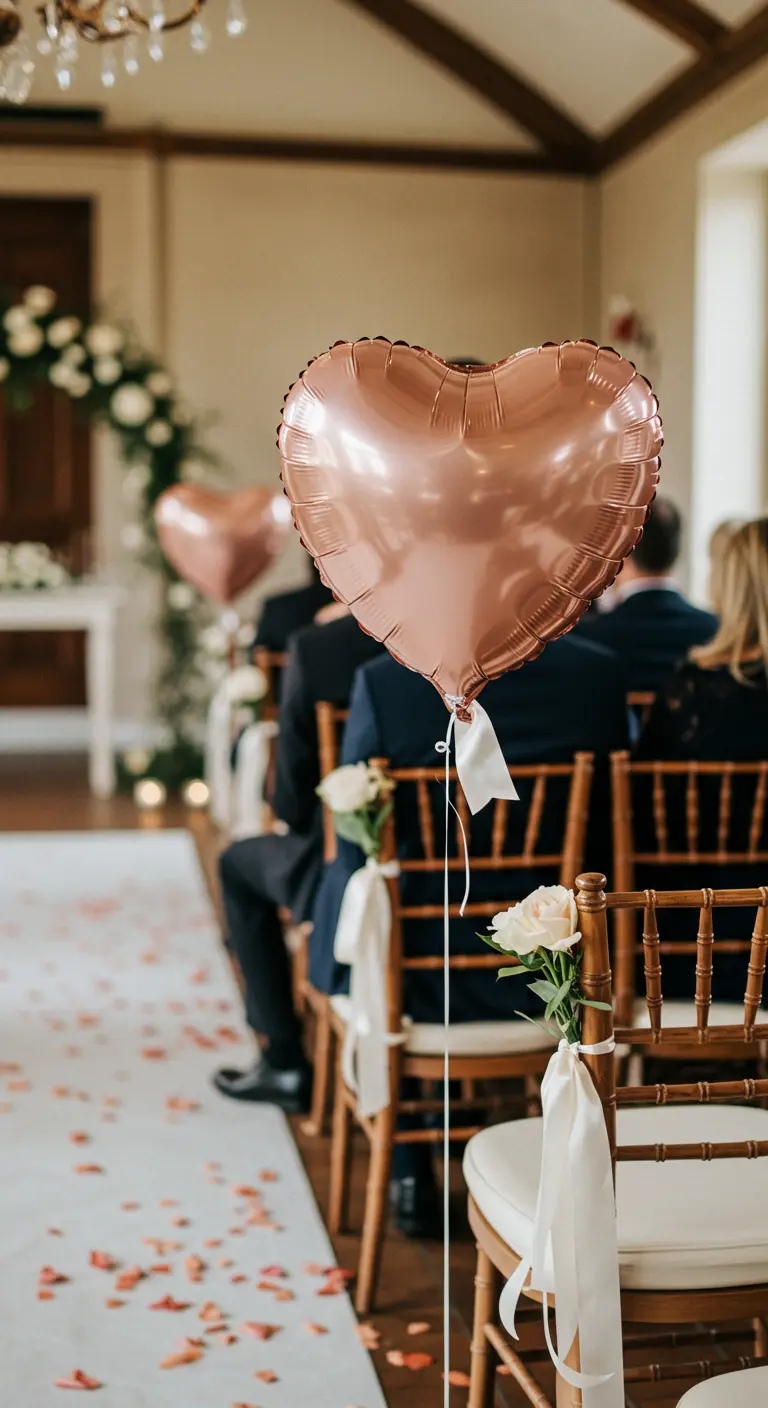 Globo de corazón en oro rosa atado a una silla en el pasillo de una ceremonia.