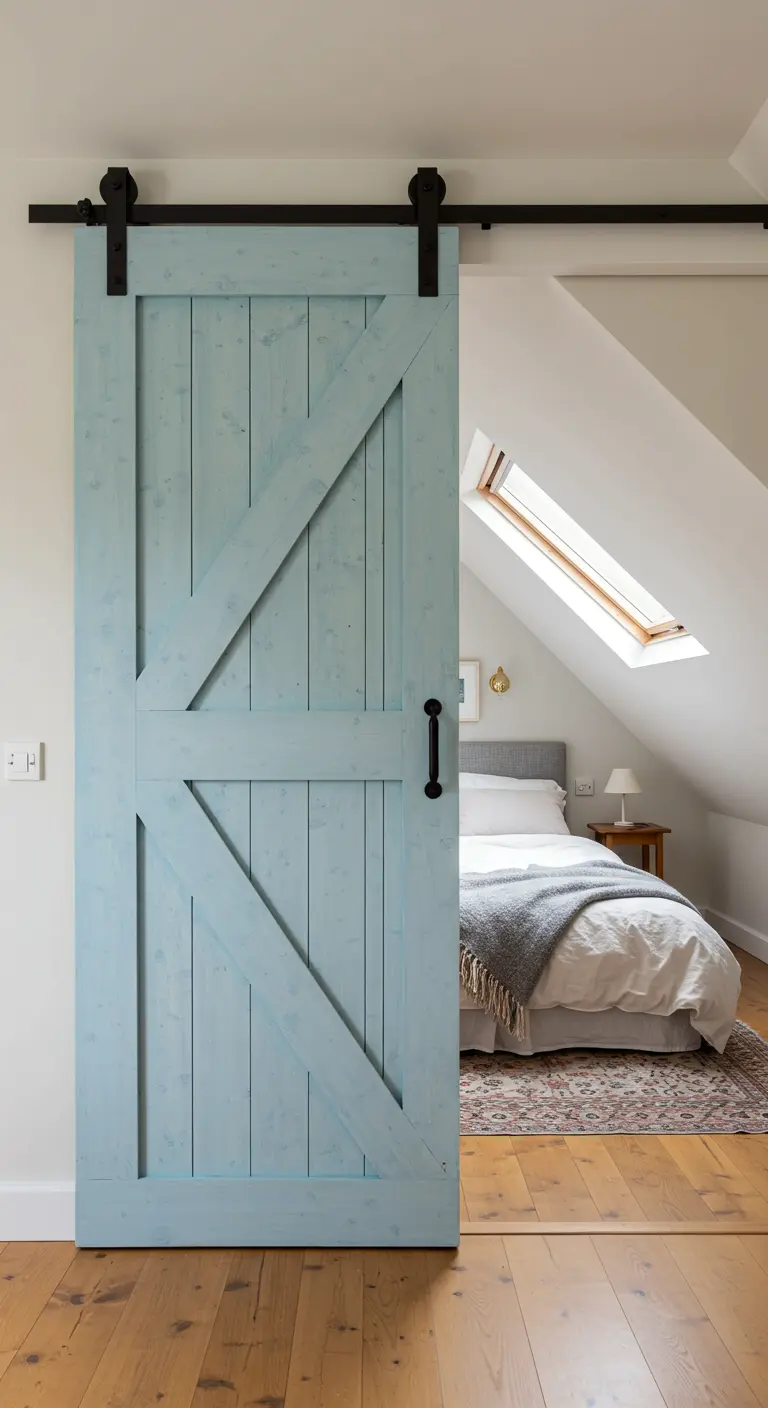 Puerta corredera estilo granero pintada de azul pastel que da acceso a un dormitorio abuhardillado