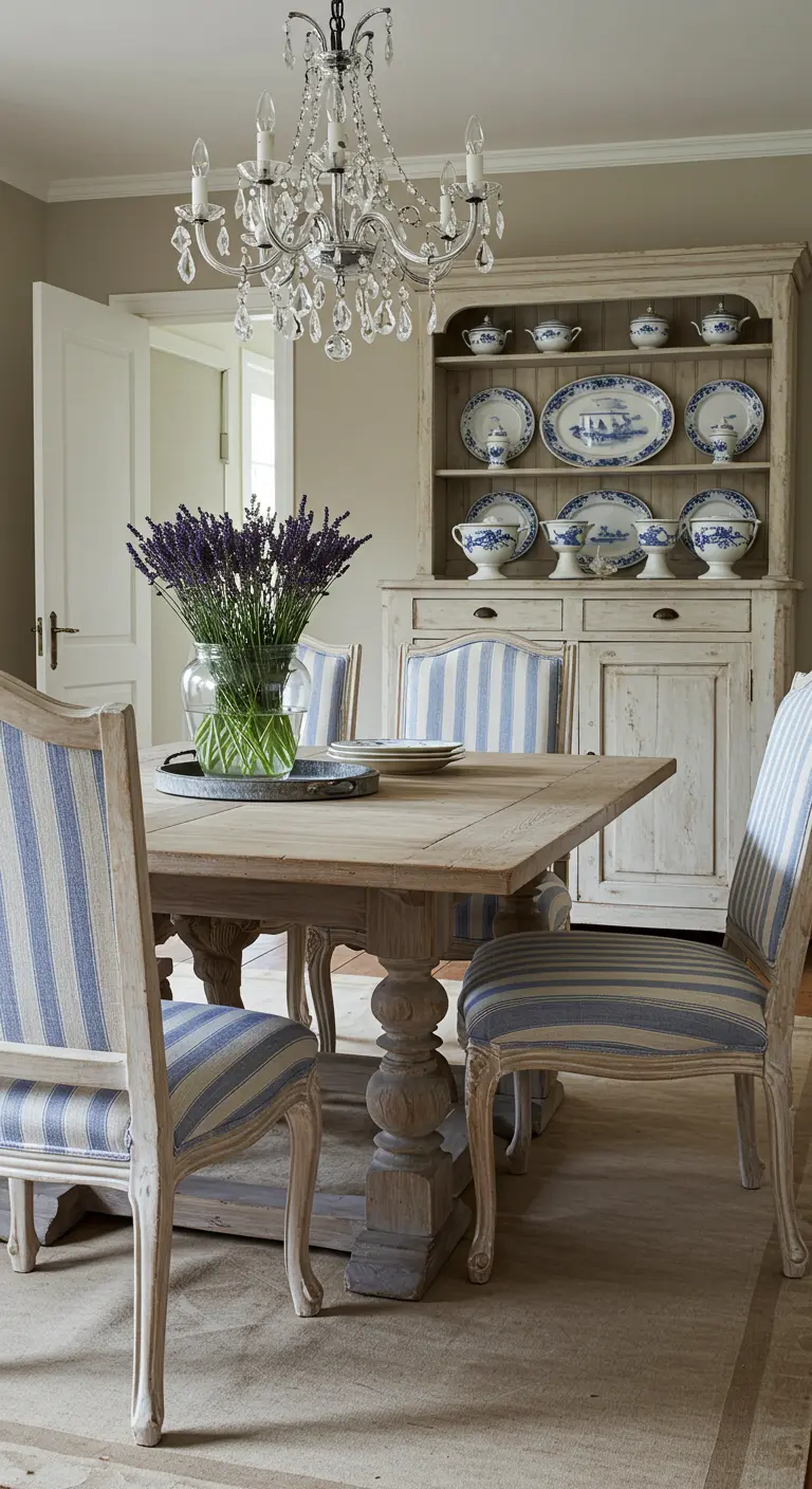 Comedor de estilo provenzal con sillas de lino a rayas azules y mesa de madera envejecida.
