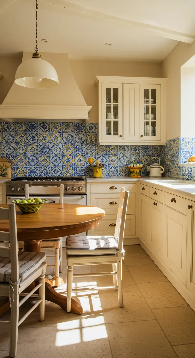 Cocina luminosa con gabinetes blancos y un vibrante salpicadero de azulejos en azul y amarillo.