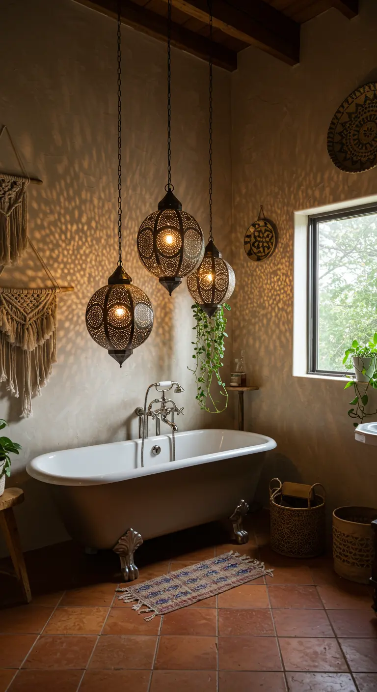 Baño de estilo bohemio con tres lámparas solares marroquíes colgando sobre una bañera con patas.