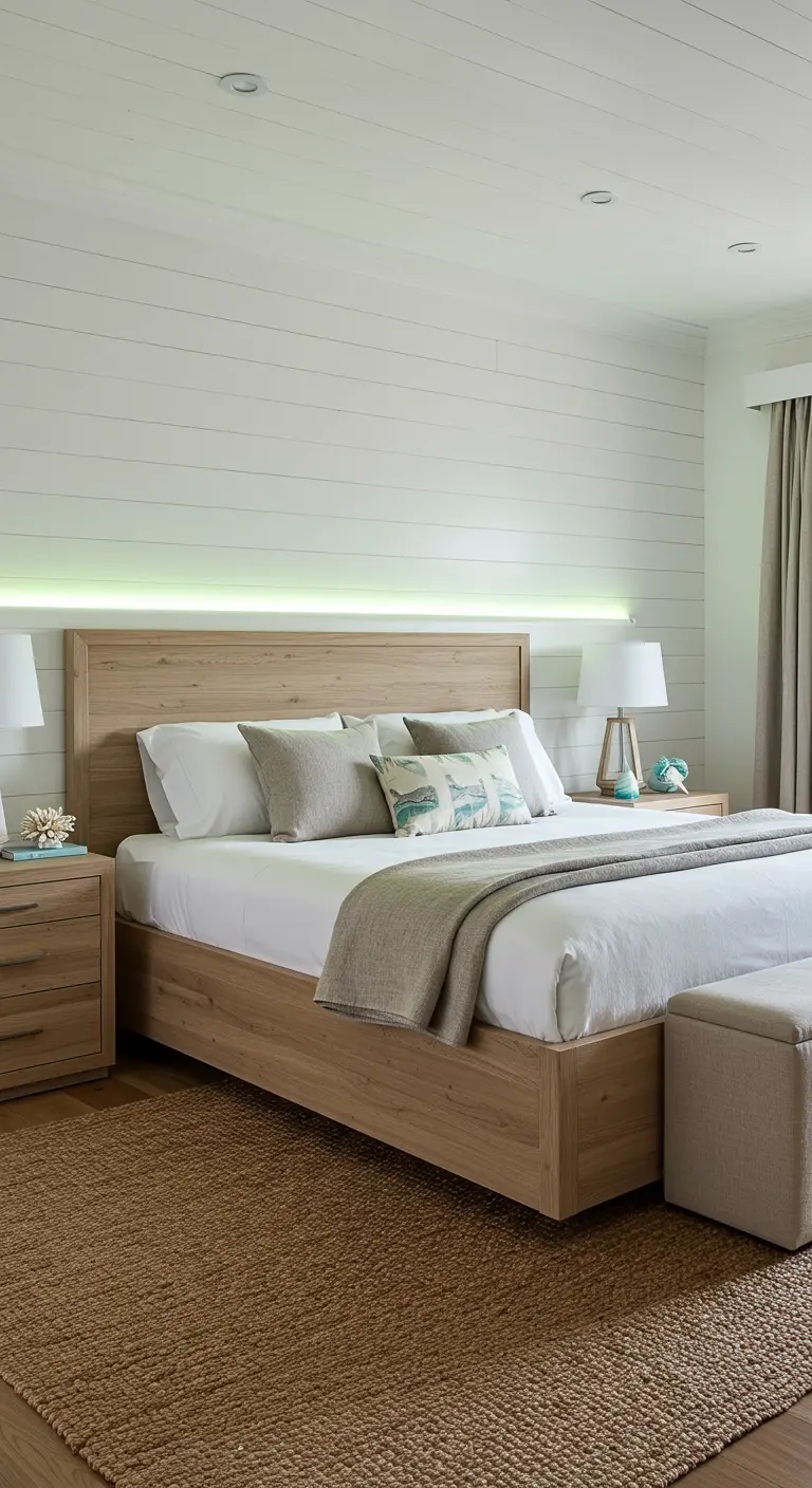 Dormitorio de estilo costero con pared de lamas blancas y luz LED verde suave tras el cabecero.