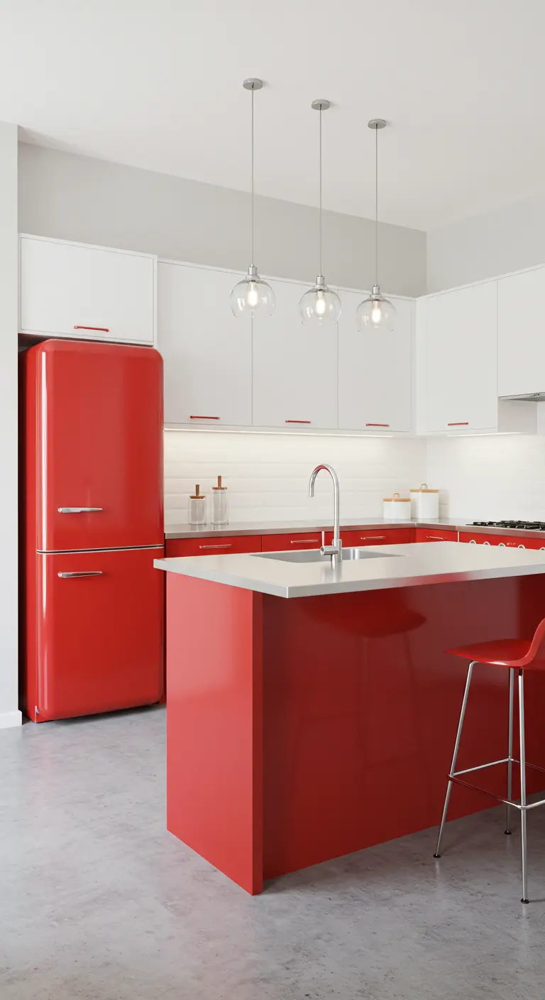 Cocina moderna con isla y frigorífico retro en color rojo vivo y armarios blancos.