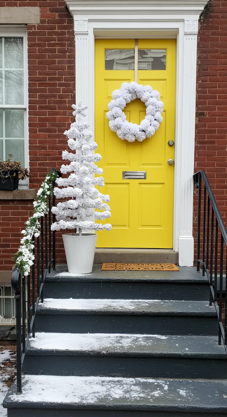 Puerta amarilla brillante con una corona de pompones blancos y un árbol de espumillón blanco.