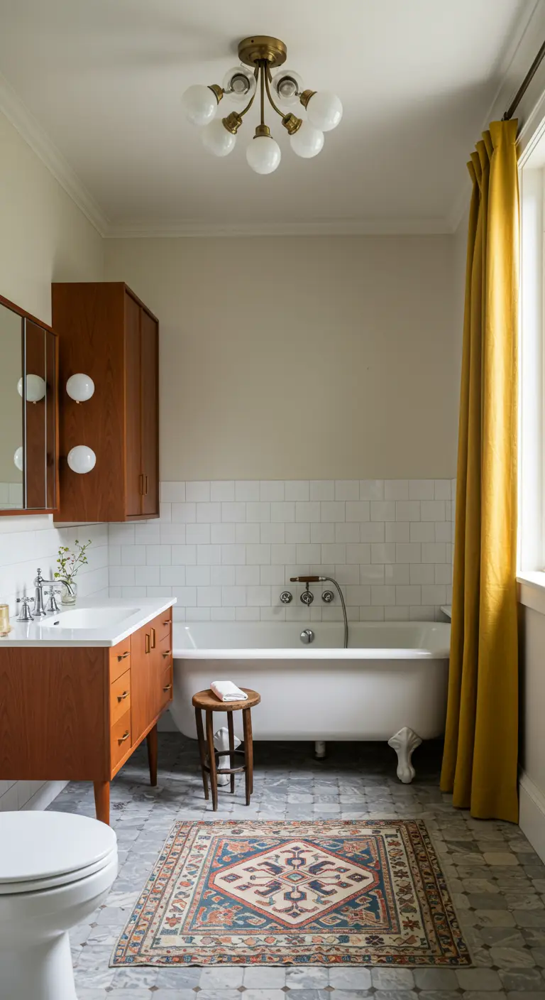 Baño de estilo mid-century con mueble de madera y cortina de lino color mostaza.