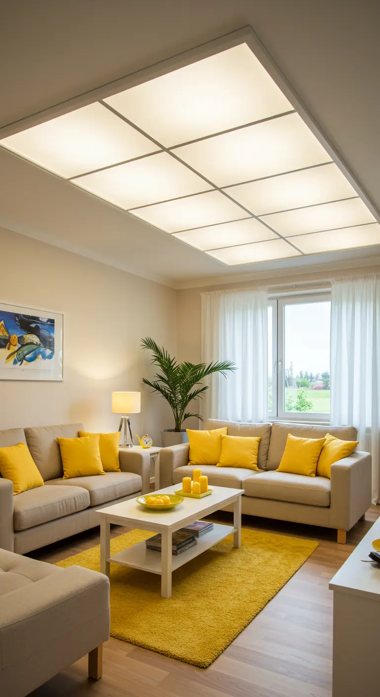 Techo de una sala de estar con un gran panel de luz LED dividido en cuadrados que simula un tragaluz.