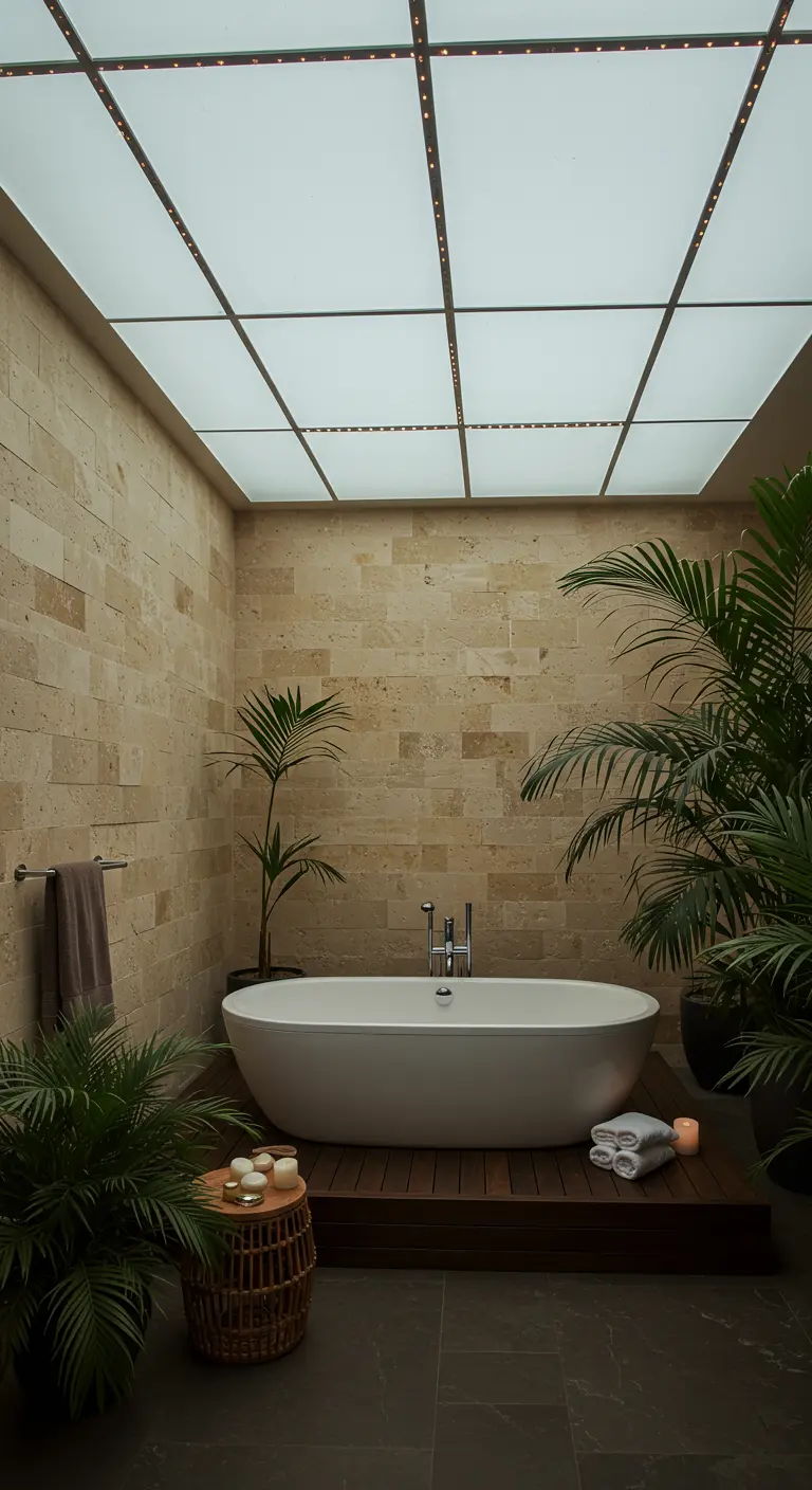 Baño con bañera exenta y techo iluminado con paneles solares que simulan un tragaluz.