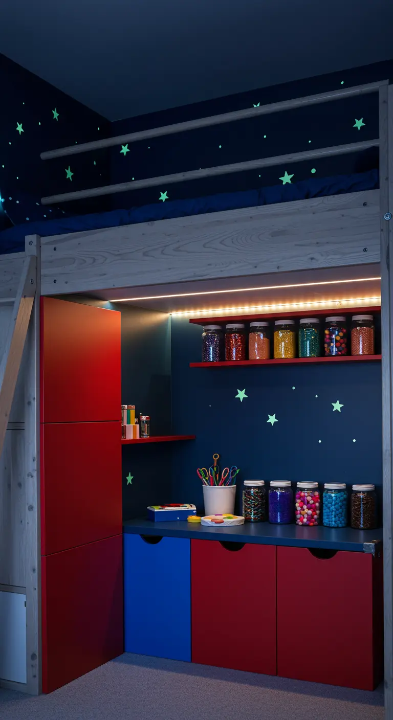 Rincón de arte bajo una litera, con pared azul oscuro, estrellas y frascos con materiales.