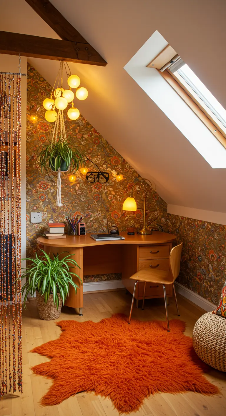 Oficina de estilo retro de los 70 en ático con papel pintado floral y alfombra naranja.