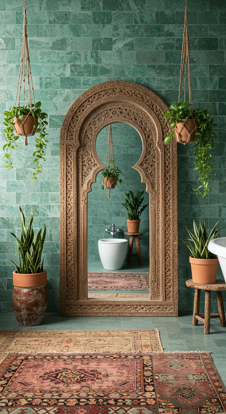 Baño de inspiración marroquí con azulejos verdes, espejo de madera tallada y alfombras persas.