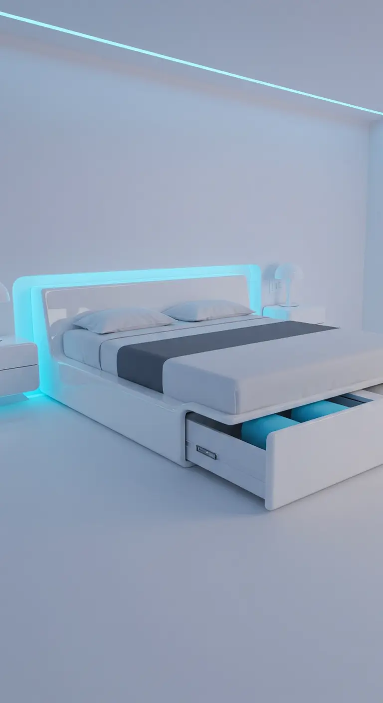 Cama futurista de color blanco con luces de neón azules integradas y cajones ocultos.