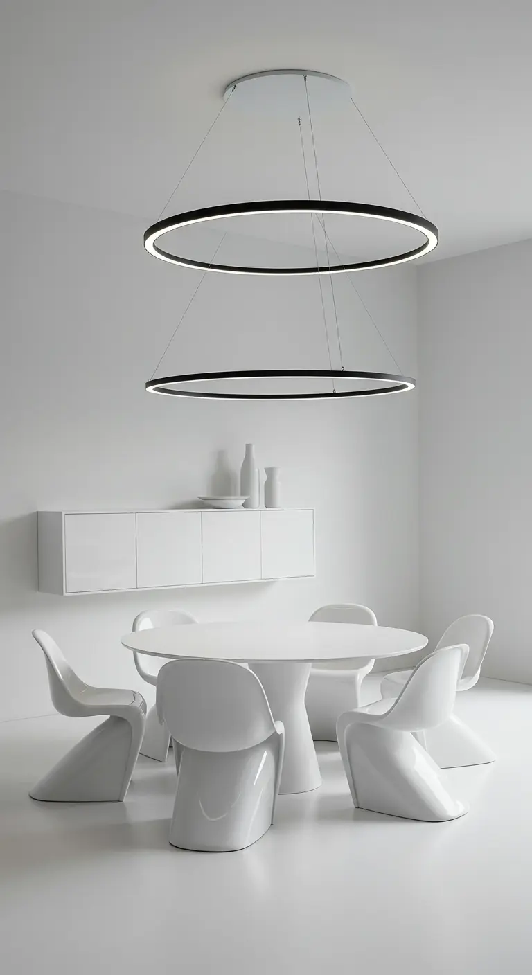 Comedor blanco futurista con sillas de diseño curvo y dos grandes lámparas circulares de LED.