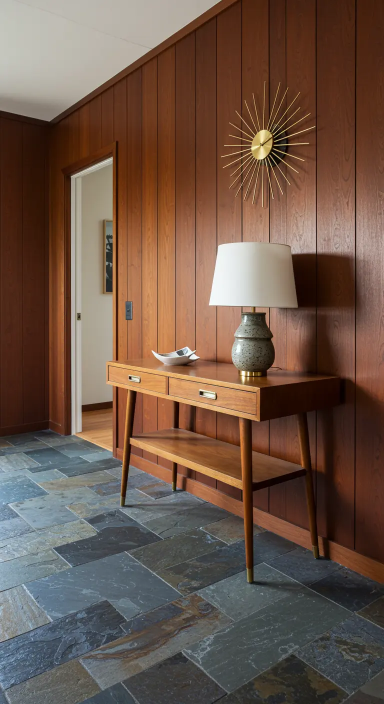 Entrada Mid-Century Modern con paredes paneladas de madera y consola de estilo retro.