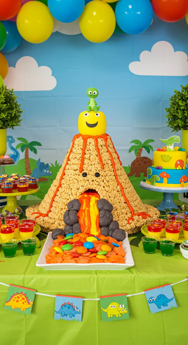 Volcán comestible de arroz inflado con lava de colores y dulces en una mesa de cumpleaños.
