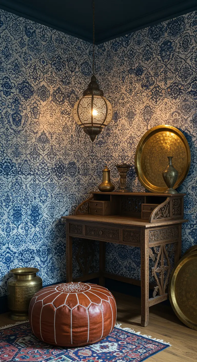 Rincón de estilo marroquí con papel pintado de azulejos, escritorio tallado y lámpara de metal.