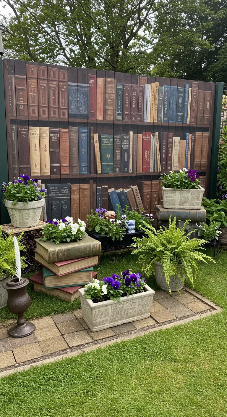 Jardín con una valla pintada como una estantería de libros antiguos y macetas con forma de libros