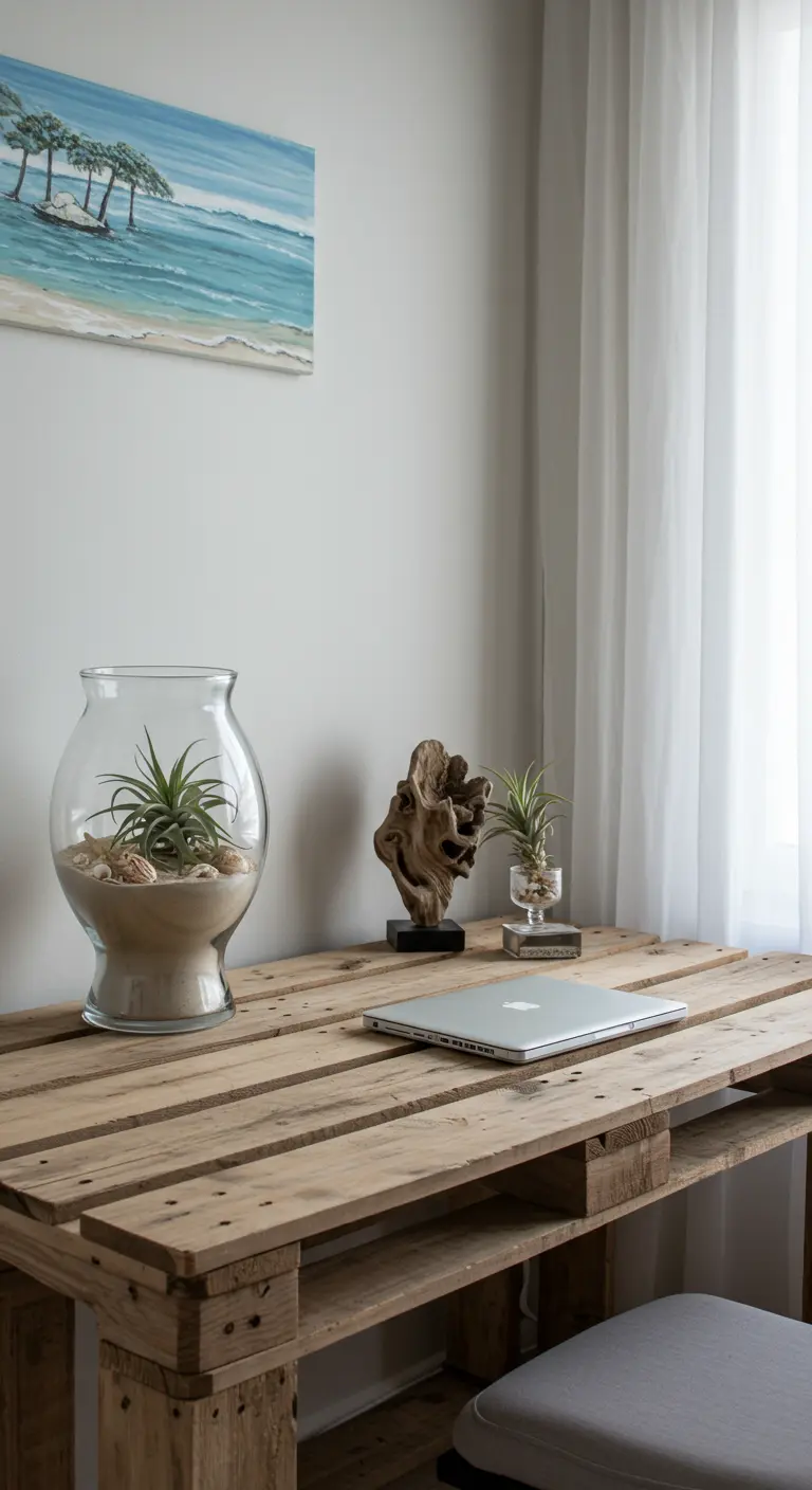 Detalle de un escritorio de palet con decoración costera, incluyendo un terrario de plantas de aire.