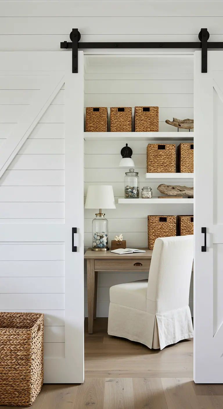 Oficina de estilo costero en un armario con paredes blancas, cestas de mimbre y puerta de granero.