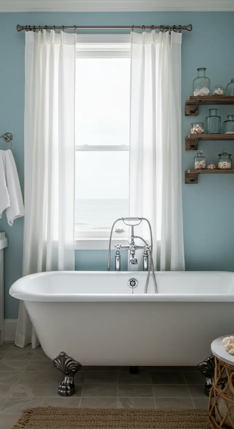 Baño de estilo costero con paredes azul claro, cortinas blancas y decoración con conchas.
