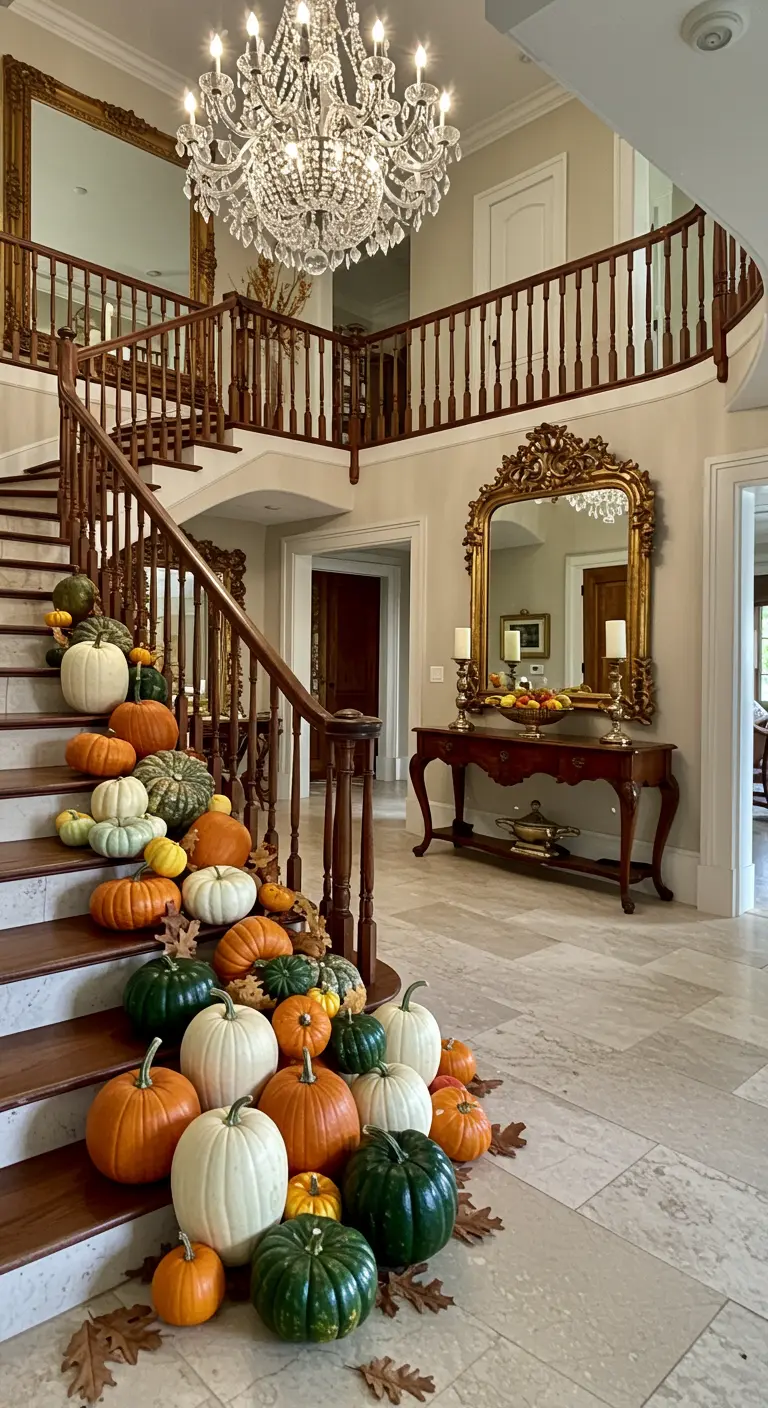 Escalera curva de madera con una gran variedad de calabazas de diferentes colores y tamaños en los escalones.
