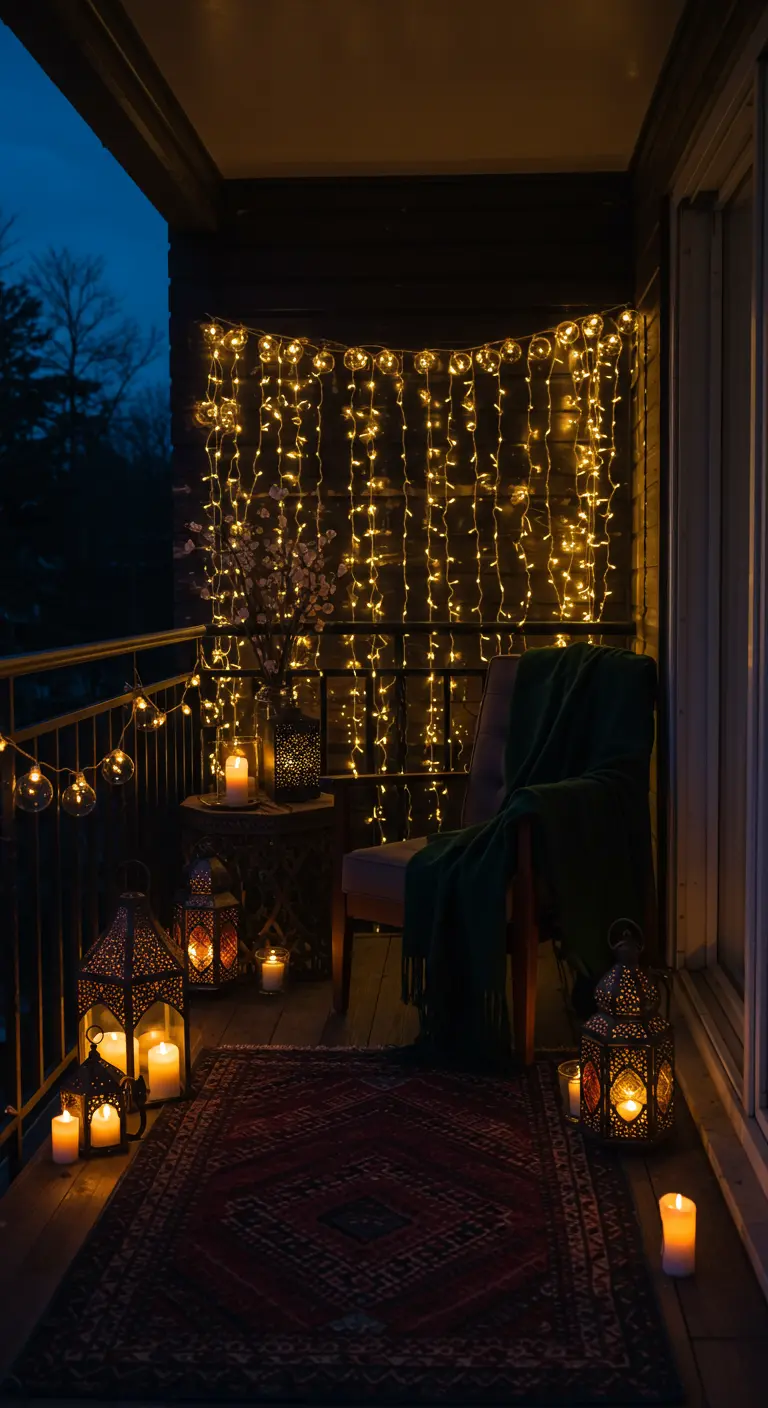 Balcón íntimo decorado con una cortina de luces led, faroles y velas creando un ambiente acogedor.