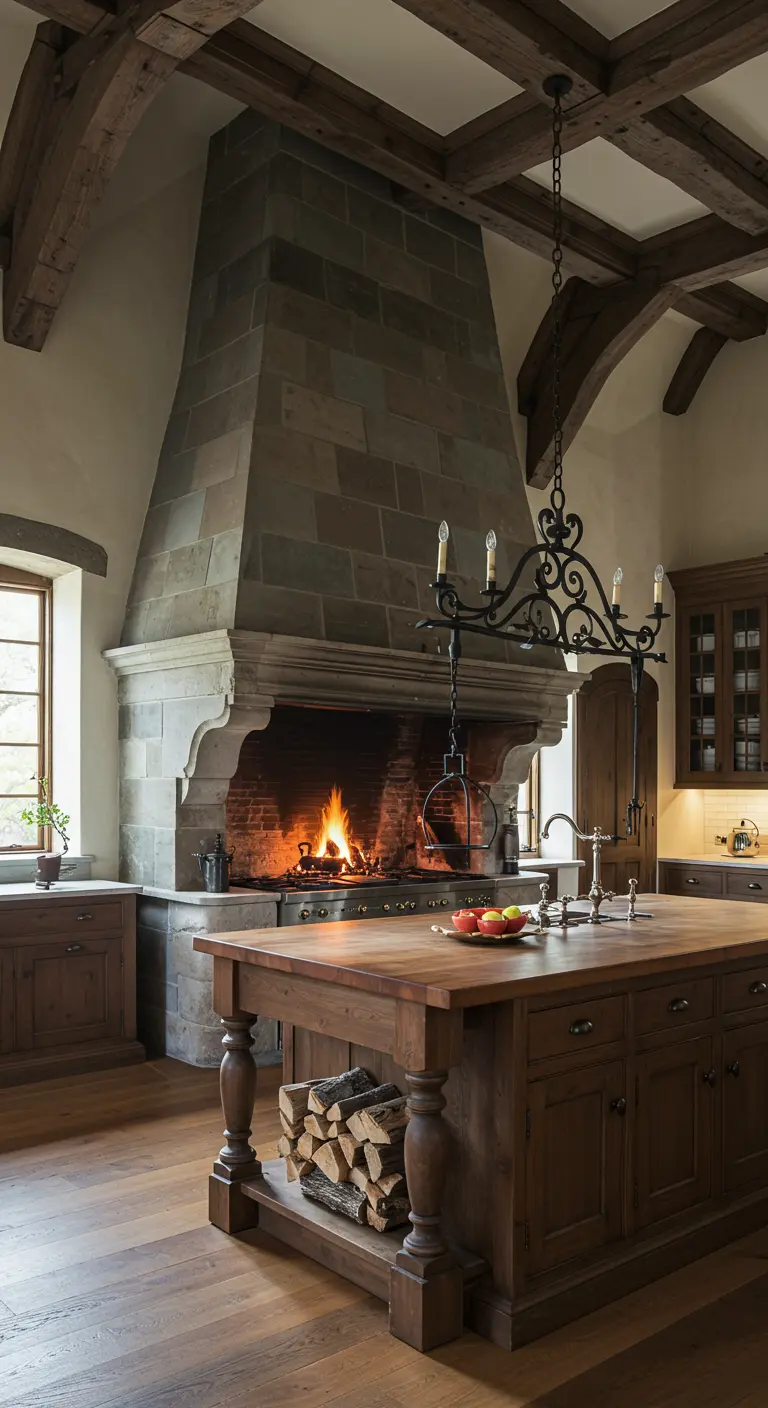 Cocina grandiosa con campana de piedra monumental, vigas de madera y lámpara de araña de hierro.