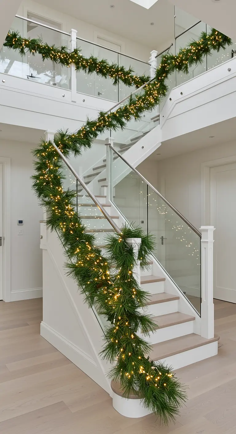 Escalera blanca moderna con barandilla de cristal, envuelta en una guirnalda de pino con luces.
