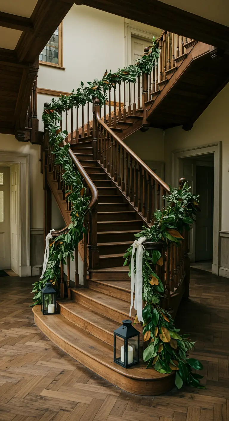 Una gran escalera de madera decorada con una frondosa guirnalda verde y faroles en la base.
