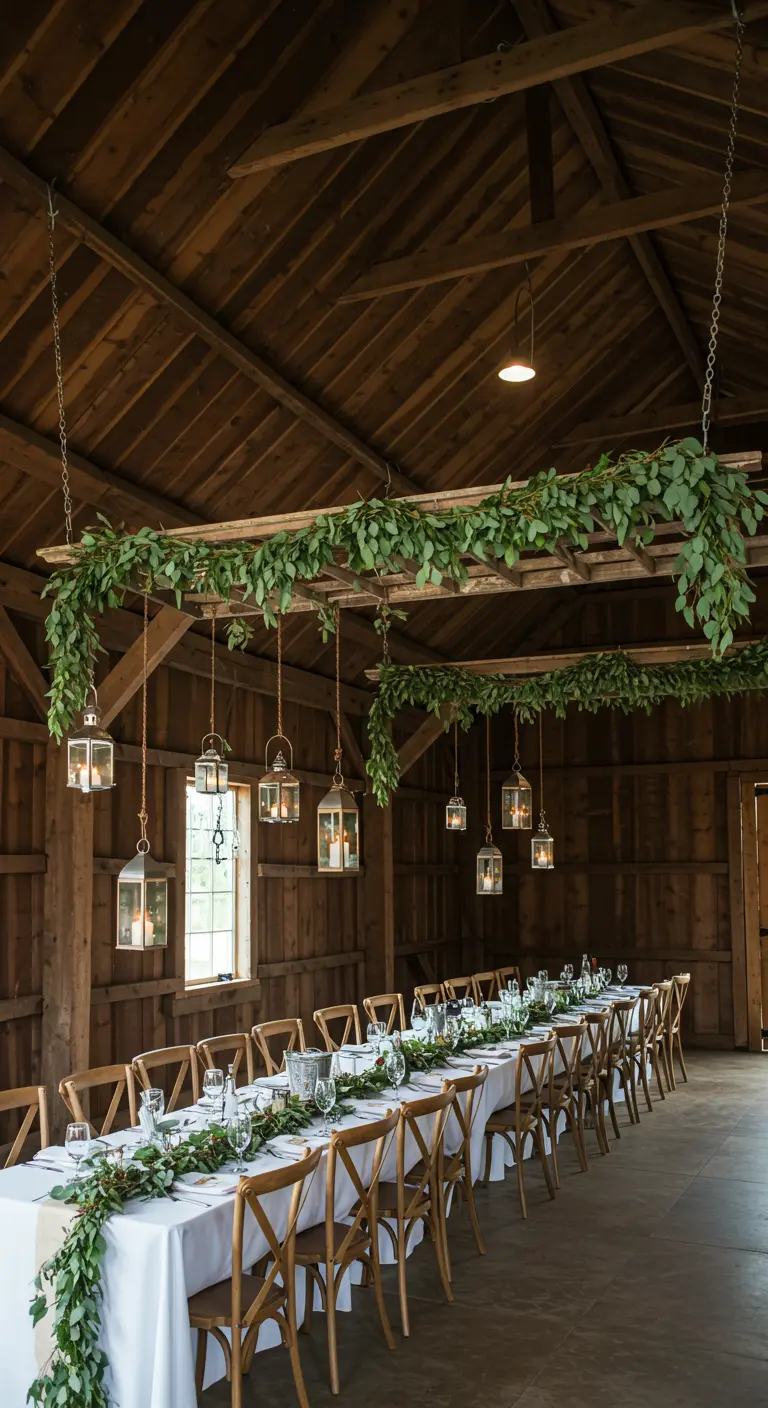 Una escalera de madera vintage suspendida sobre una mesa de boda, decorada con vegetación y faroles.