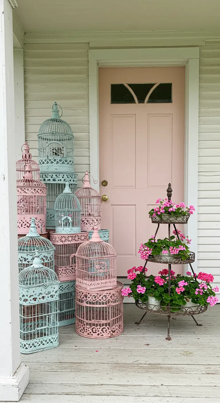 Colección de jaulas de pájaros apiladas, pintadas en tonos rosa y azul pastel.