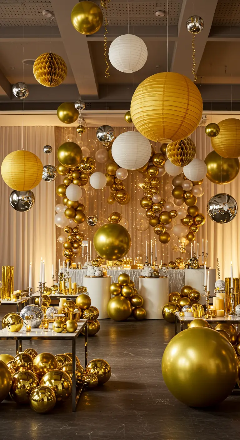 Decoración de fiesta con una profusión de globos dorados y plateados, y farolillos de papel.
