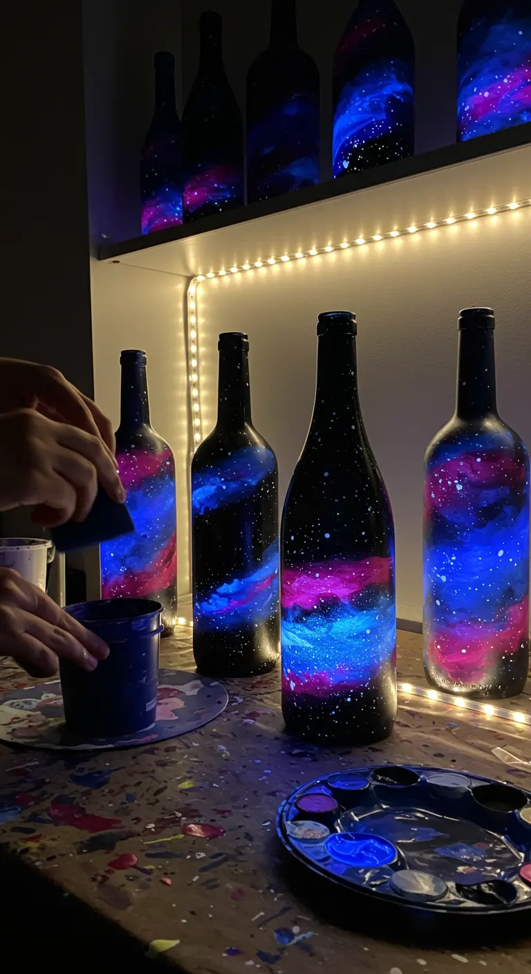 Una persona pintando una botella de vino para crear un impresionante efecto de galaxia con nebulosas.
