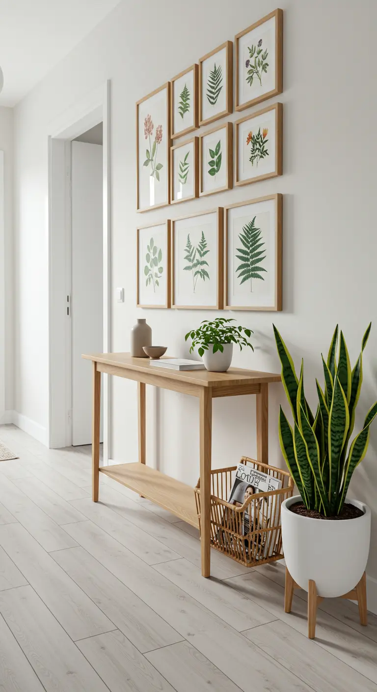 Entrada con una galería de cuadros botánicos sobre una consola de madera y plantas
